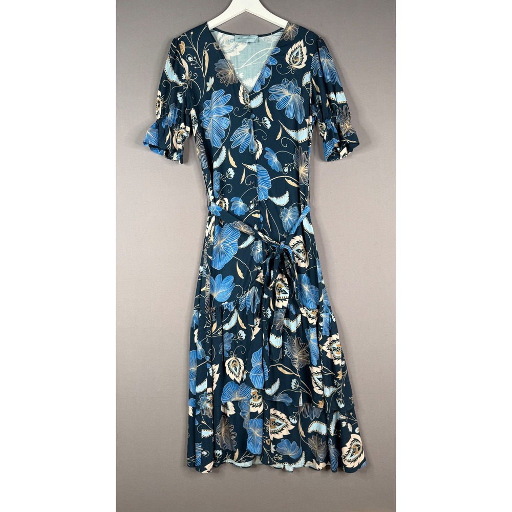 Tuckernuck Willa Dress Women Size S Navy‎ Nouveau Floral Midi V-Neck Tie Waist